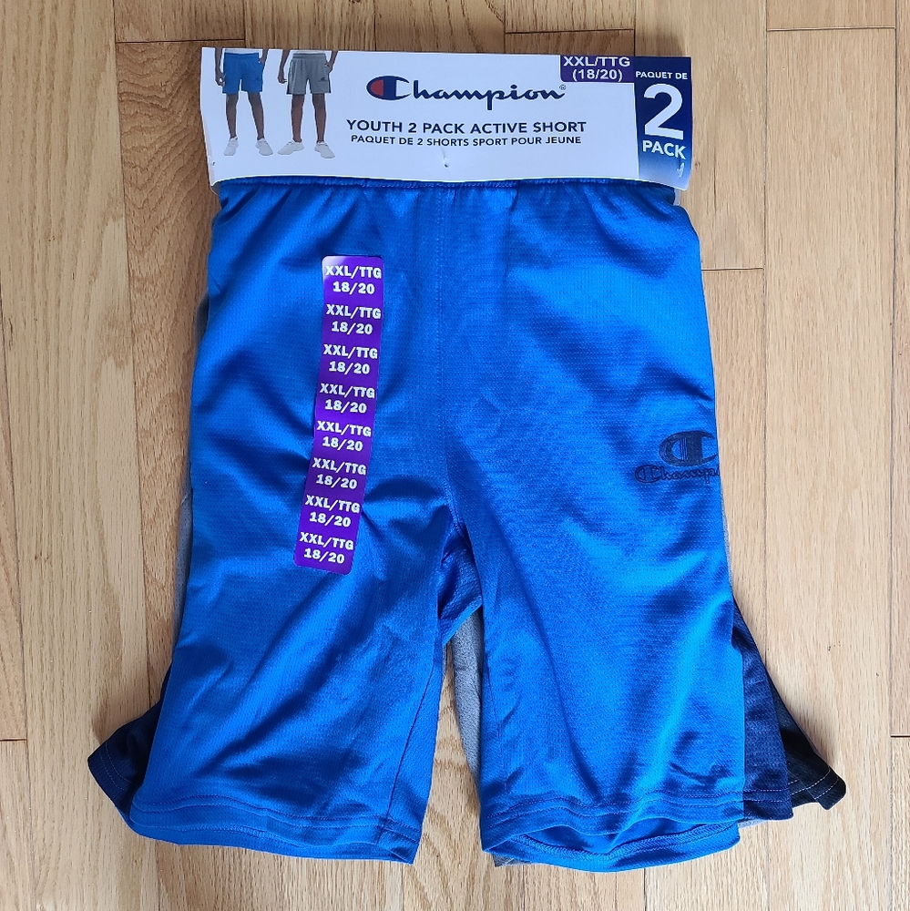 Champion Youth 2 Pack Active Shorts, XXL (18/20), Blue/Black & Gray/Black